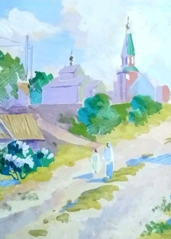 Городской этюд. Храм Вознесения Господня г. Харабали. Гуашь. Мастер-класс