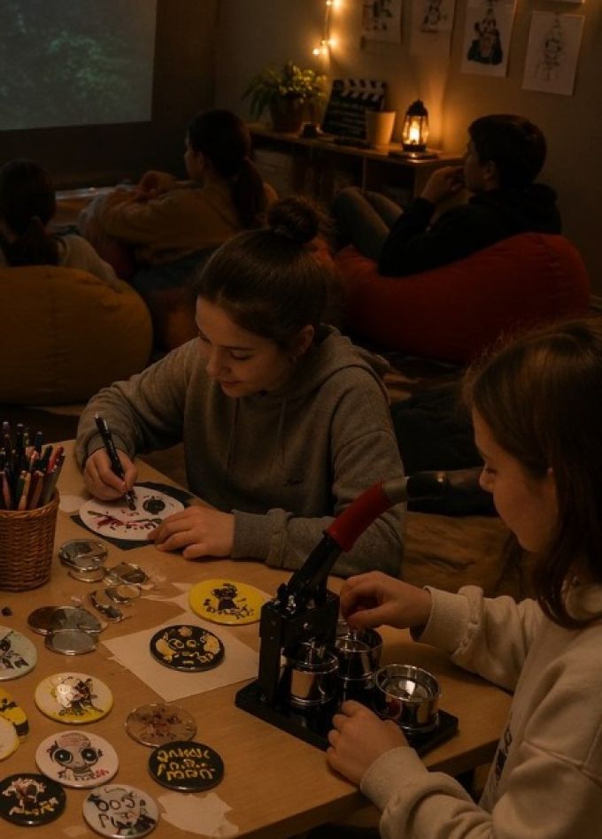 Творческий семейный киновечер. Делаем закатные значки или на деревянной основе и смотрим мультфильм "Дикий робот"