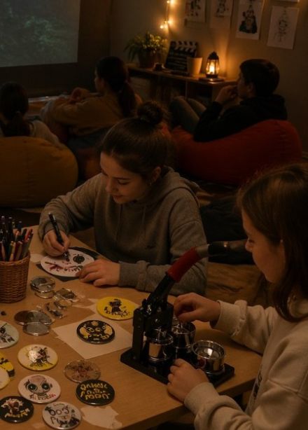 Творческий семейный киновечер. Делаем закатные значки или на деревянной основе и смотрим мультфильм "Дикий робот"
